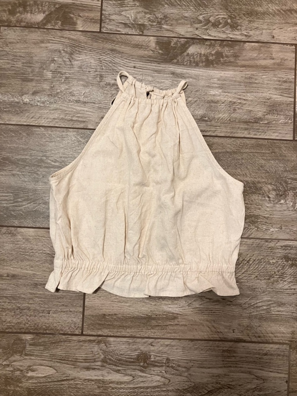 Women's Ivory Linen Halter Crop Top - Smocked Waist
